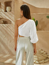 One Shoulder Lantern Sleeve Knot Side Crop Top