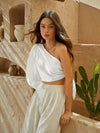 One Shoulder Lantern Sleeve Knot Side Crop Top
