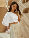 One Shoulder Lantern Sleeve Knot Side Crop Top