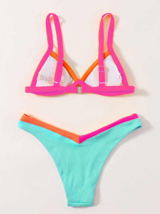 Contrast Binding Rib Triangle Bikini Swimsuit