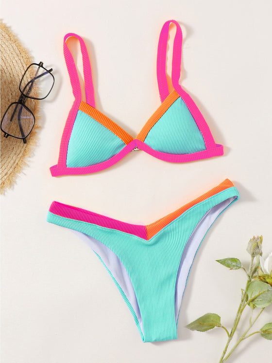 Contrast Binding Rib Triangle Bikini Swimsuit