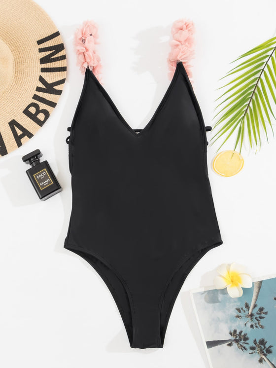 Solid Flower Decor One Piece Swimsuit