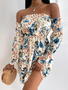  SXY Floral Print Off Shoulder Gathered Sleeve Dress