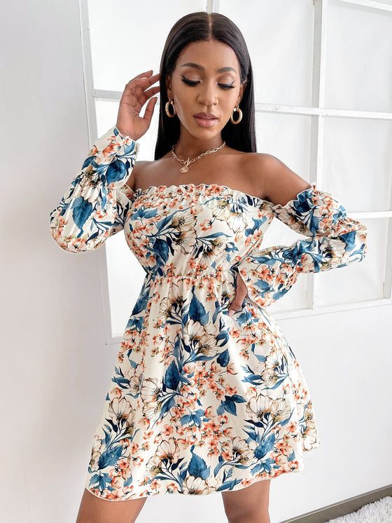 SXY Floral Print Off Shoulder Gathered Sleeve Dress