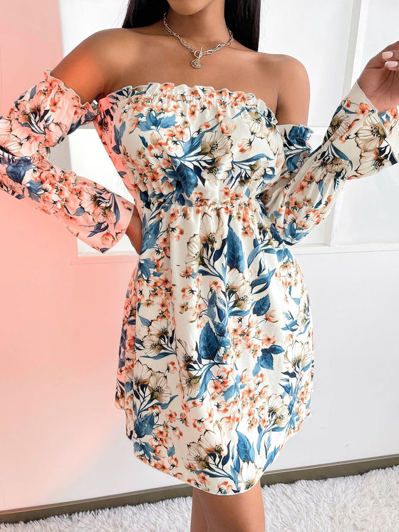 SXY Floral Print Off Shoulder Gathered Sleeve Dress