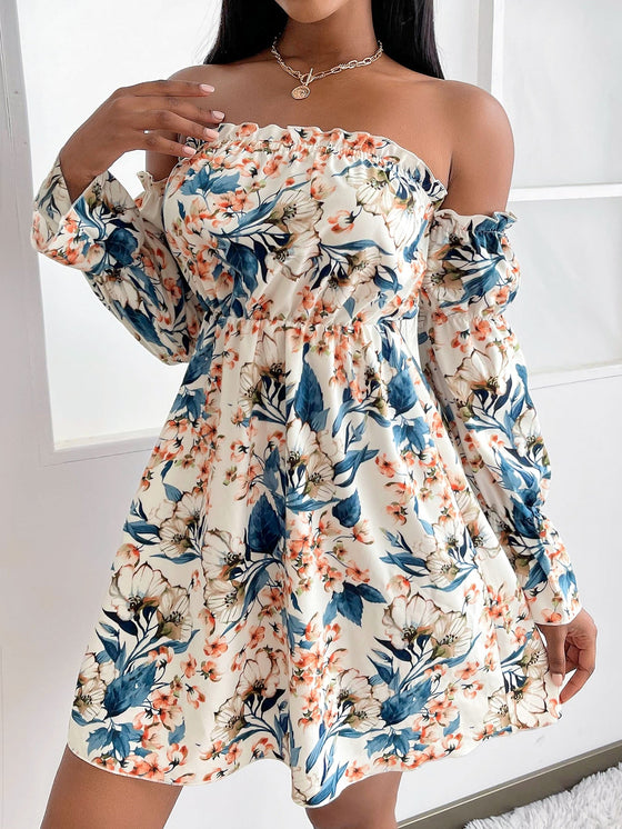 SXY Floral Print Off Shoulder Gathered Sleeve Dress