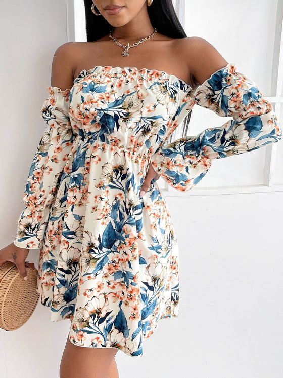 SXY Floral Print Off Shoulder Gathered Sleeve Dress