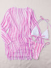 3pack Striped Halter Triangle Thong Bikini Swimsuit Cover Up