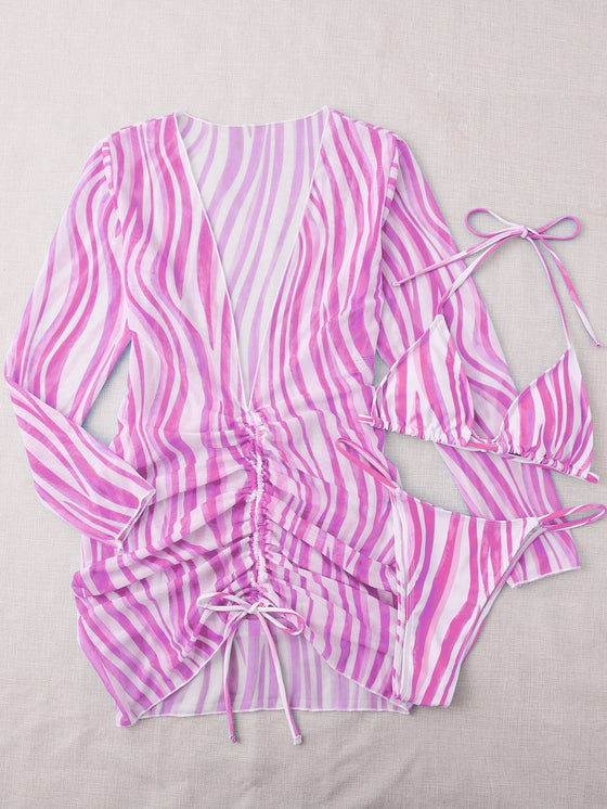 3pack Striped Halter Triangle Thong Bikini Swimsuit Cover Up