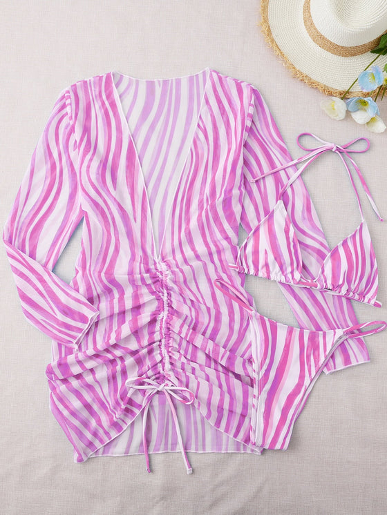 3pack Striped Halter Triangle Thong Bikini Swimsuit Cover Up