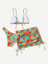 3pack Floral Print Bikini Swimsuit With Beach Skirt