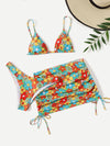 3pack Floral Print Bikini Swimsuit With Beach Skirt