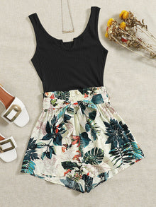  Tropical Print Tie Front Romper