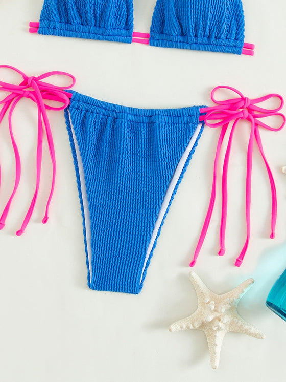 Textured Triangle Tie Side Bikini Swimsuit