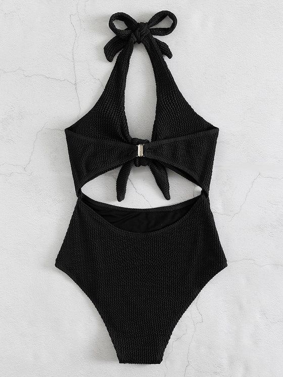 Textured Cut out Halter One Piece Swimsuit