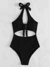 Textured Cut out Halter One Piece Swimsuit