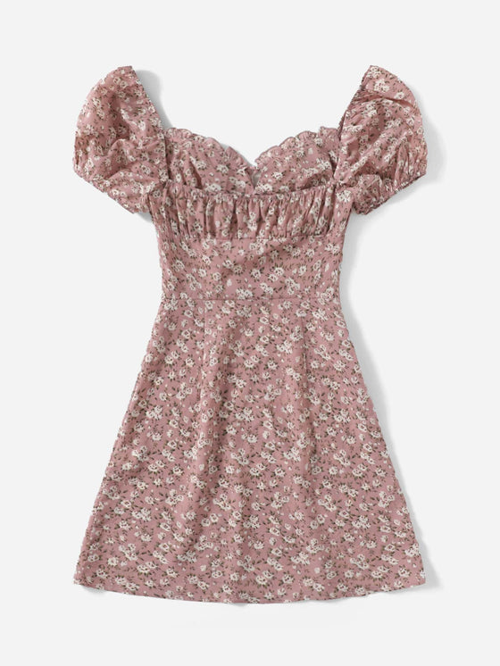 Ditsy Floral Puff Sleeve Ruched Bust Dress