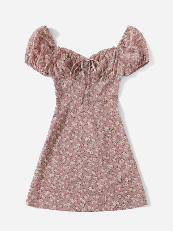 Ditsy Floral Puff Sleeve Ruched Bust Dress