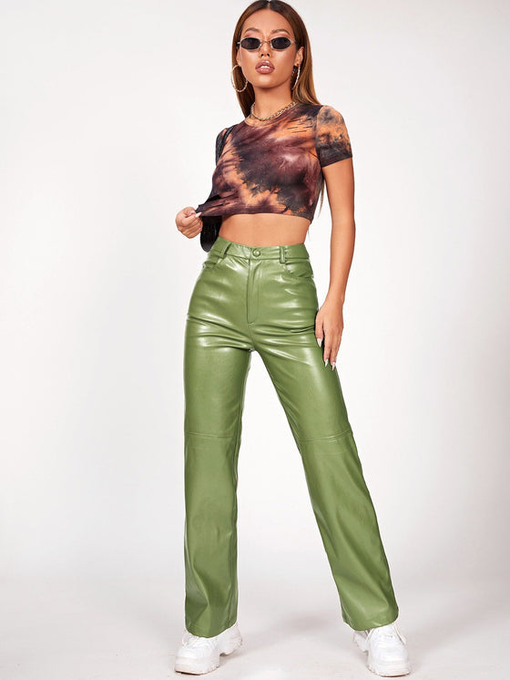 X Aurora Celli Solid PU Leather Straight Leg Pants