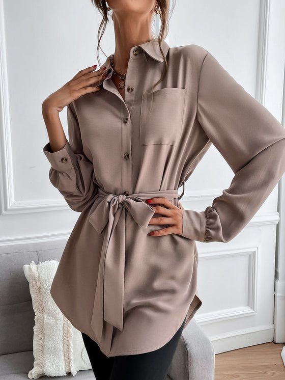 Solid Button Front Belted Shirt