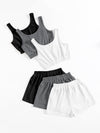 3sets Solid Tank Top Tie Waist Shorts Lounge Set