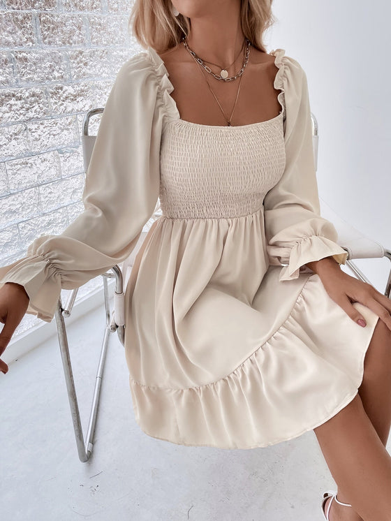 Square Neck Shirred Bodice Flounce Sleeve Ruffle Hem Dress