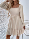 Square Neck Shirred Bodice Flounce Sleeve Ruffle Hem Dress