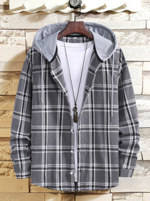  Men Plaid Drawstring Hooded Shirt Without Tee