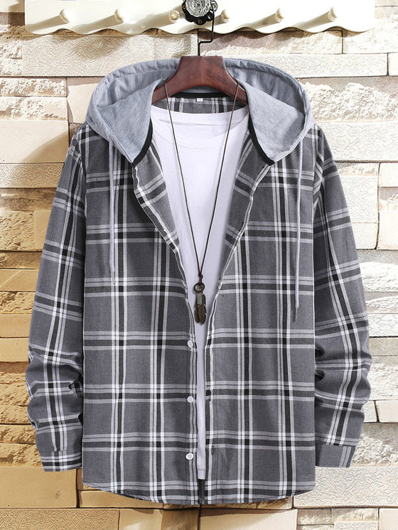 Men Plaid Drawstring Hooded Shirt Without Tee