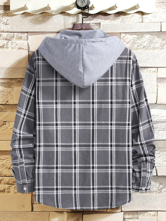 Men Plaid Drawstring Hooded Shirt Without Tee