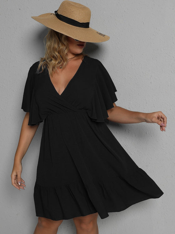 Plus Butterfly Sleeve Ruffle Hem Dress