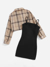 Girls Solid Dress With Tartan Blouse