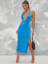 BAE Plunging Halter Cutout Slit Midi Bodycon Dress