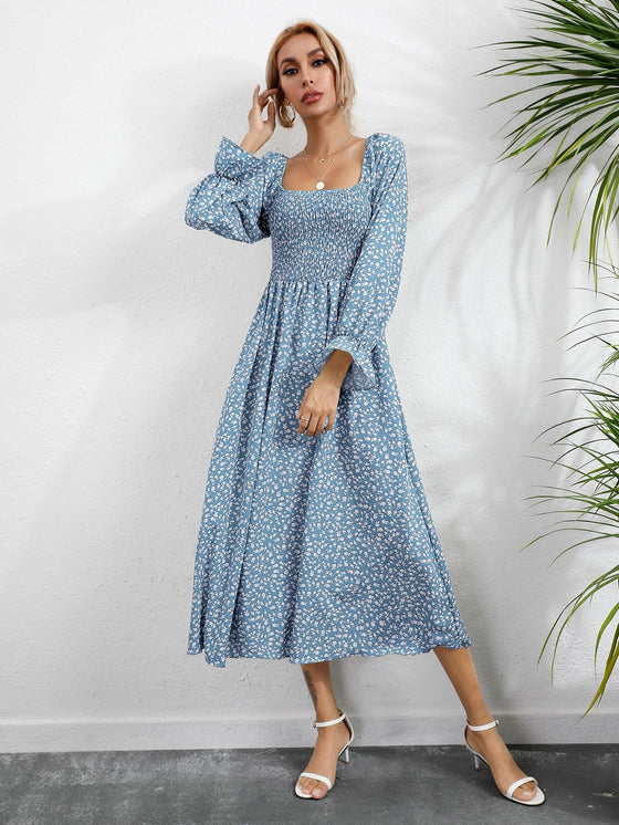 Bell Sleeve Shirred Bodice Ditsy Floral Dress