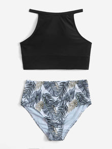  Plant Print Bikini Swimsuit