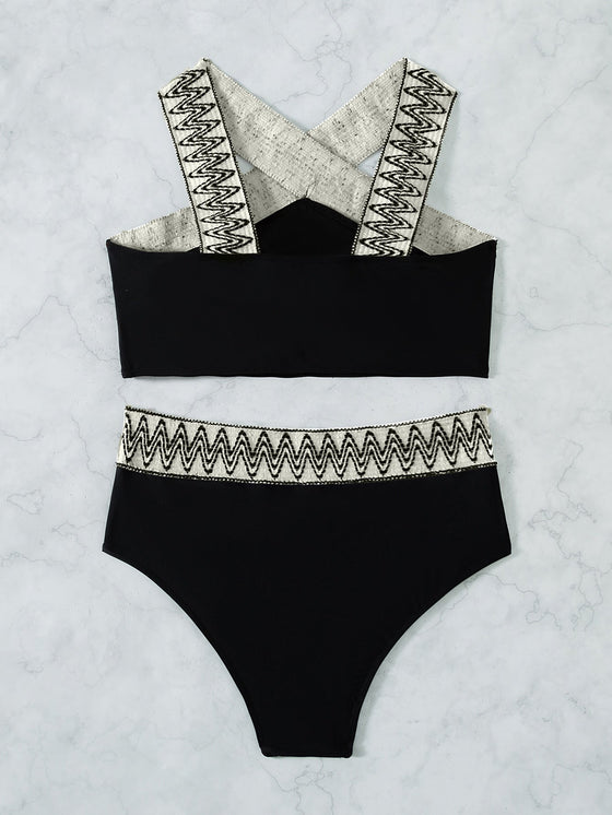 Contrast Binding High Waisted Bikini Swimsuit