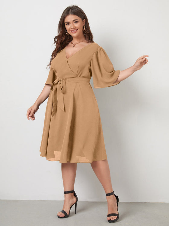 Plus Butterfly Sleeve Self Tie Dress