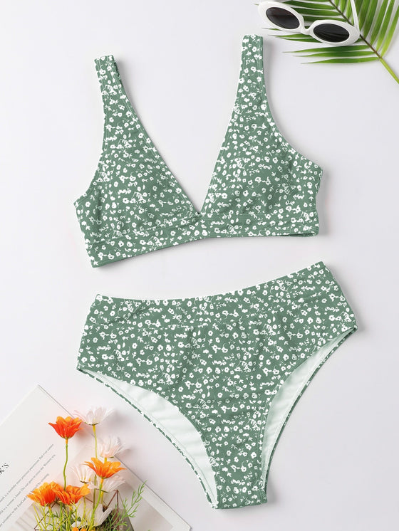 Ditsy Floral Print High Waisted Bikini Swimsuit