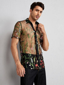  Men Floral Embroidery Sheer Mesh Shirt