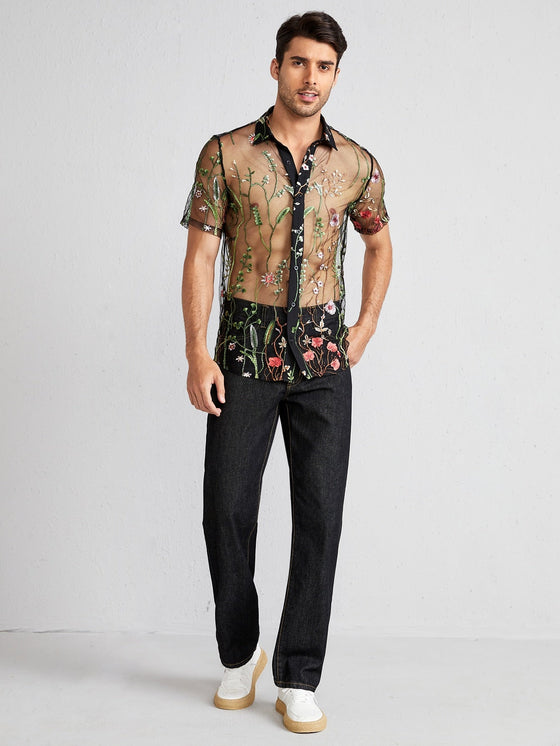 Men Floral Embroidery Sheer Mesh Shirt