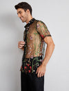 Men Floral Embroidery Sheer Mesh Shirt