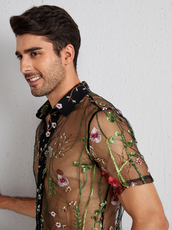 Men Floral Embroidery Sheer Mesh Shirt