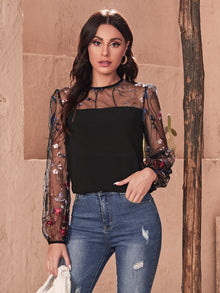  Embroidery Mesh Yoke Lantern Sleeve Top