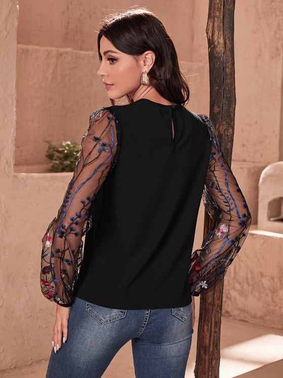 Embroidery Mesh Yoke Lantern Sleeve Top