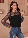 Embroidery Mesh Yoke Lantern Sleeve Top