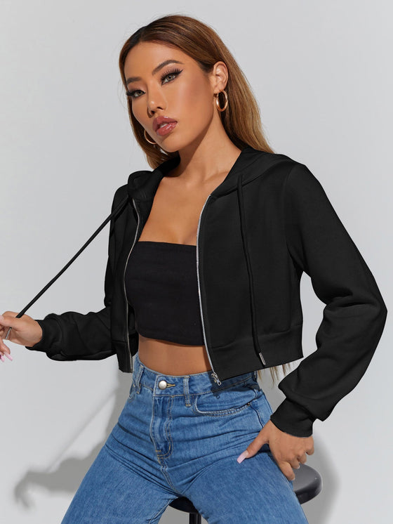 PETITE Solid Zip Up Drawstring Hoodie