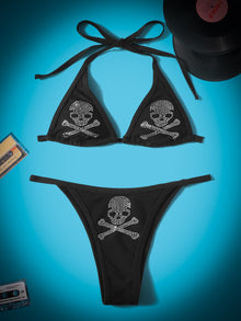  ROMWE Grunge Punk Skull Pattern Triangle Thong Bikini Swimsuit