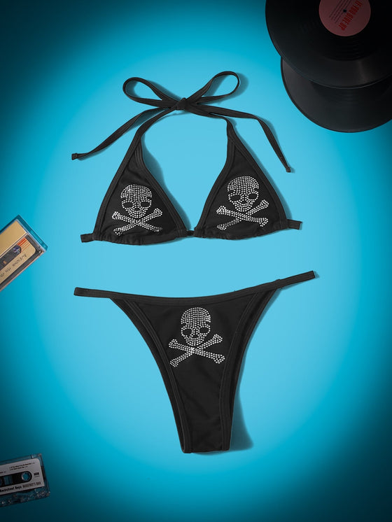 ROMWE Grunge Punk Skull Pattern Triangle Thong Bikini Swimsuit