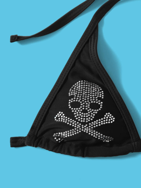 ROMWE Grunge Punk Skull Pattern Triangle Thong Bikini Swimsuit