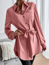 Solid Button Front Belted Shirt